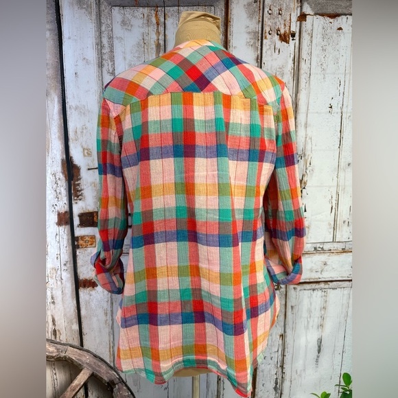 Talbots Gauzy Colorful Check Plaid Blouse Button Up Long Tab Sleeve Size Medium - Picture 4 of 8